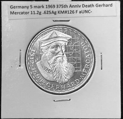 Germany 5 mark 1969 Gerhard Mercator 11.2g .625Ag Silver KM#126 F aUNC- B012 - Image 1 of 4