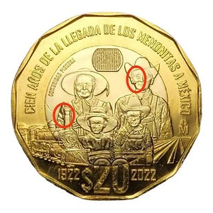Die chip error in $20 Pesos Menonitas 2022 - exceso de metal en moneda $20 pesos - Picture 1 of 6
