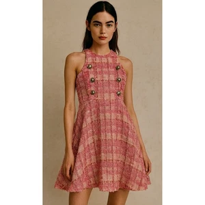 Bardot Junior Tweed Dress Halter Neck Button Front Pink Party Size 14 - Picture 1 of 7