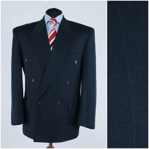 Mens Dark Blue Double Breasted Blazer 42R UK Size Striped Wool Sport Coat Jacket - Picture 1 of 12