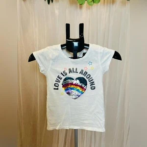 Girls’ 7/8 Vigoss “Love is All Around” Rainbow Sequin Tee - Picture 1 of 4