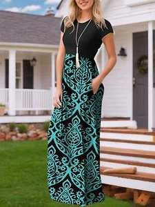 Women's Short Sleeve Loose Plain Maxi Dresses Casual Long Dresses with Pockets a - Picture 1 of 14