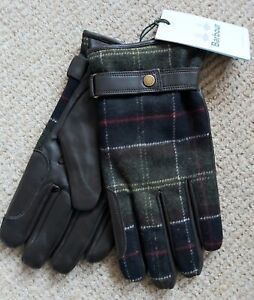 M or L Genuine BARBOUR Green Tartan Leather Wool GLOVES Tags Mens Winter