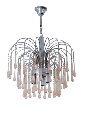 Vintage Waterfall Chandelier Pink Glass Drops 1970 MURANO Chrome VENINI Ceiling - Image 1 of 4