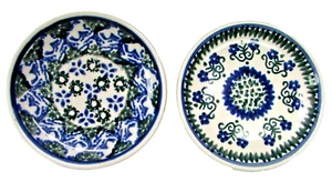 Boleslawiec Poland 2 Mint Dish Plates Blue Green Floral Ceramic 4 Inch Hand Made - Picture 1 of 9