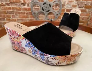 Spring Step Black Multi Suede Floral Wedge Sandals Laylani 37 6.5- 7 New - Picture 1 of 3