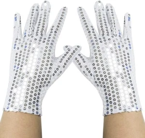PAIR OF Silver & White Sequin Short Satin Gloves Jackson Dance Fancy Dress Party - Picture 1 of 2