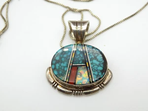 Vintage Sterling Silver Signed JJ Native American Pendant Turquoise Opal - Picture 1 of 8