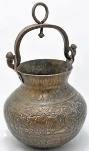 Antique Brass Round Water Bucket With Handle Original Old Hand Crafted Engraved - Picture 1 of 8