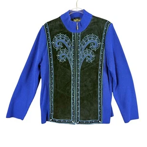 Bob Mackie Wearable Art Black Suede Jacket Blue Knit Sleeve Embroidered Sz L NWT - Picture 1 of 11