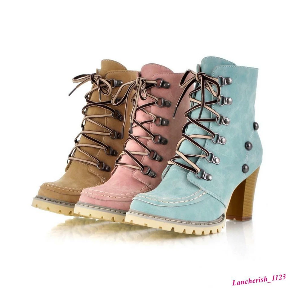 Rivet Women's Ankle Boots Lace Up Rivet High Top Chunky Heels Round Toe Shoes - Image 1 of 4
