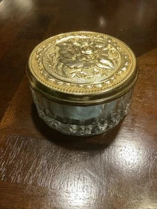 Vintage Crystal Powder Jar & Sponge Gold Plated Rose Lid Mirror - Picture 1 of 5