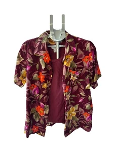 Jennifer Moore Vintage Burgundy Floral Silk Blouse Size 12 tank Size 14 80s - Picture 1 of 11
