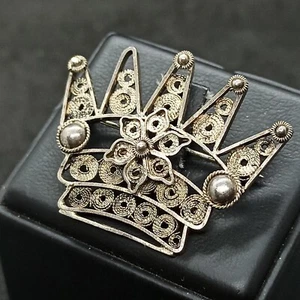 Old Israeli Filigree Brooch Pin Crown Estate Original Vintage Mid Century Silver - Picture 1 of 12