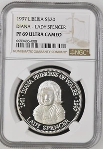 1997 LIBERIA SILVER 20 DOLLAR PROOF DIANA - LADY SPENCER - NGC PF 69 ULTRA CAMEO - Picture 1 of 2