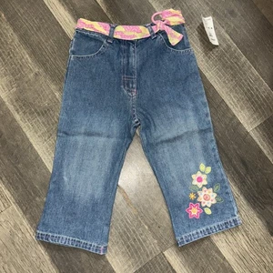 Y2K Embroidered Flower Denim Todddler Girls With Ribbon Waist Tie Size 4T - Picture 1 of 4