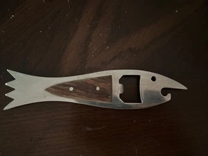 Mid-Century Vintage Fish Shape Bottle Opener Teak and Stainless Steel Japan Made - Picture 1 of 3