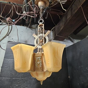 Art Deco Markel 6 Light Slip Shade Chandelier Arrow Olive Branch Patriotic Motif - Picture 1 of 19