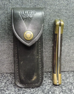 Vintage Buck 110 Folding Hunter Wooden Pocket Knife  Leather Sheath 4 Pin - Image 1 of 4