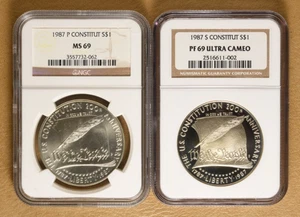 1987 Unc & Proof Constitution Commemorative Silver Dollars NGC MS69 & PF69 - Picture 1 of 2