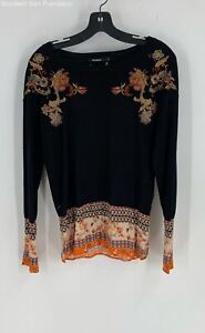 Desigual Womens Black Floral Embroidered Long Sleeve Pullover Sweater Size Small