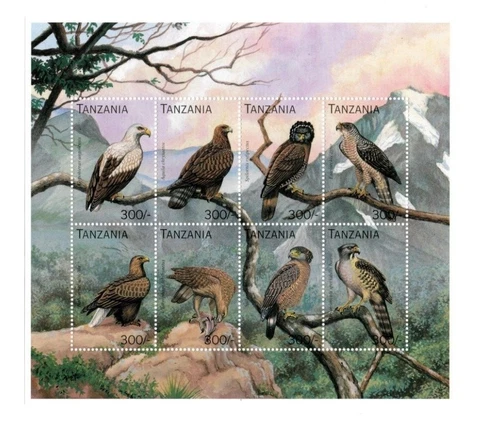 Tanzania 1996 - Birds On Stamps - Eagles - Sheet of 8 Stamps - Scott #1487 - MNH Cover