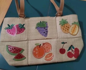 Avon Fruit Print Purse Woven Embellished Maximalist Retro Funky Art to wear 13x8 - Picture 1 of 9