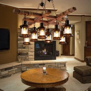 8-Light Industrial Wooden Chandelier Pendant Lamp Island Hanging Ceiling Fixture - Picture 1 of 7