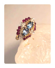 Vintage HSC VANNA RED WHITE BLUE Aquamarine Ruby Diamond 10k Gold Ring SZ 8