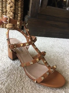 Authentic Valentino Rockstud' T-Strap Sandal Sz.36 $1,045 Dark Cognac/Gold MINT! - Picture 1 of 10