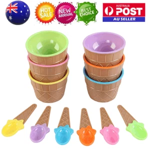 6Pc/Set Kids Colourful Ice Cream Cup Ice Cream Bowls With Spoon Dessert Gifts AU - Picture 1 of 13