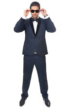 Slim Fit 1 Button Navy Blue Velvet Shawl Lapel Tuxedo / Fashion Suit By AZAR MAN