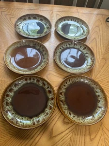 VTG SET/ 3 RAWHIDE BY HARKER POTTERY BROWN DRIP GLAZE 7" WIDE SALAD PLATES - Picture 1 of 6