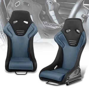 Pair of Universal Microfiber Suede Fixed Racing Racing Bucket Seats Black+Blue - Picture 1 of 6
