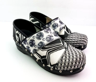 Sanita Womens Size EU 38 US 7 Black White Pattern Design Slip On Work Clog Shoes - Image 1 of 4