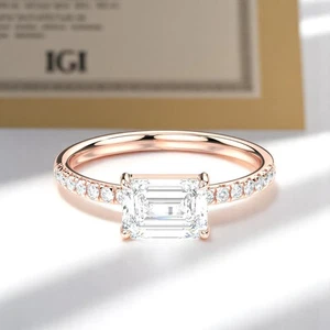 18K Rose Gold 1.30 Ct Emerald Cut IGI GIA Lab Grown Diamond Wedding Ring Size 6 - Picture 1 of 10