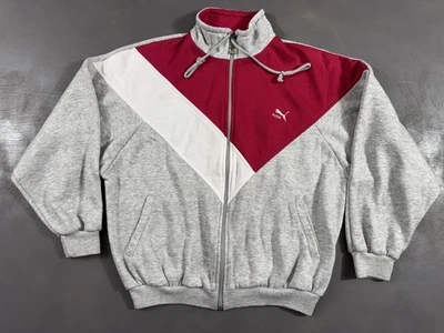 Vintage Puma Jacket Mens Medium Gray Red White Full Zip Colorblock Chevron 90s - Image 1 of 4