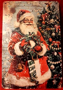 GEBRAUCHT METALLPLATTE SIEBDRUCK - WEIHNACHTSMANN UND TANNENBAUM - NR. 4 - 30 CM X 20 CM SEHR GUTER ZUSTAND - Bild 1 von 2