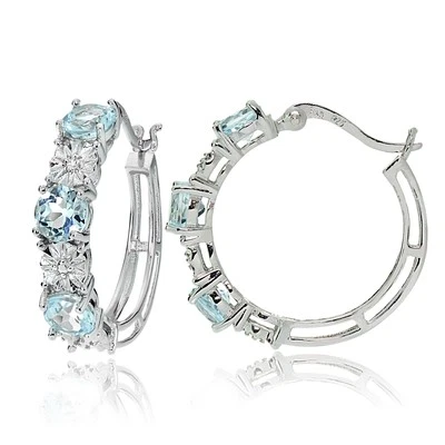 Sterling Silver Round Blue Topaz and Diamond Accent Hoop Earrings - Image 1 of 3