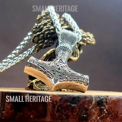Viking Stainless Steel Mjolnir Necklace Norse Pendant Amulet Hammer Trinity Men - Image 1 of 4