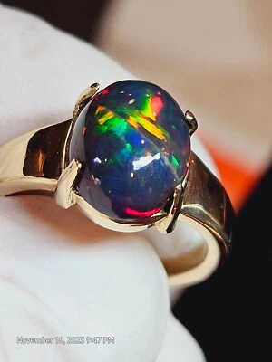Precioso anillo de ópalo negro fuego natural sólido de plata de ley 925 anillos llamativos Foto 1 de 4