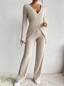 Women's Outfit Set Crisscross Surplice Top Long Sleeve and Pants Sets - Picture 1 of 34