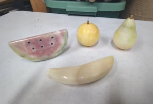 Vintage 4pc Alabaster Stone Fruit Lot Watermelon Banana Pear Apple - Picture 1 of 6