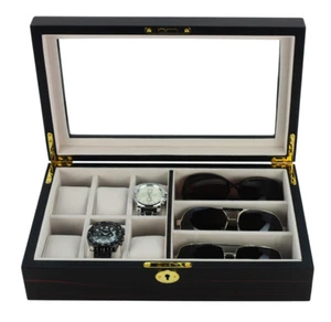 6 Watch 3 Eyeglass Ebony Wood Storage Display Glasses Case Organizer Box 6000EB - Picture 1 of 6