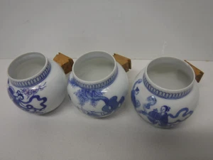 3 Chinese porcelain Bird Cage Dish Feeder Water Bowls Handpainted Blue Figures - Picture 1 of 11