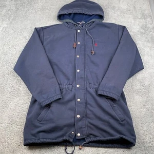 VINTAGE Ralph Lauren Jacket Mens Large Blue Polo Sport Fleece Hooded Parka Long - Picture 1 of 13
