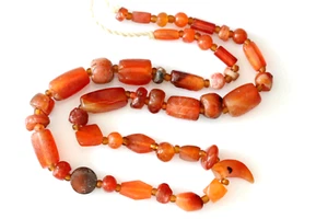 Indo Tibetan Carnelian Dzi Beads Strand, Mala Necklace Old Beads Jewelry - Picture 1 of 4