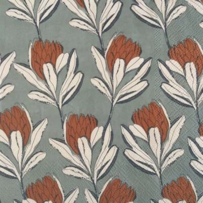 PAPER NAPKINS / SERVIETTES PK20 GREY W RUST & WHITE COLOUR PROTEA FLOWERS 3 PLY - image 1 of 2