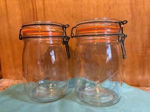 2 Vintage 1 Liter Le Parfait France Glass Canning Jars Wire Bales & New Seals - Picture 1 of 8