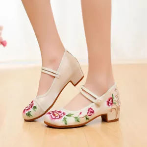 Zapatos de baile chinos antiguos Beijing para mujer de 4 cm de tacón alto bordados de tela - Imagen 1 de 8